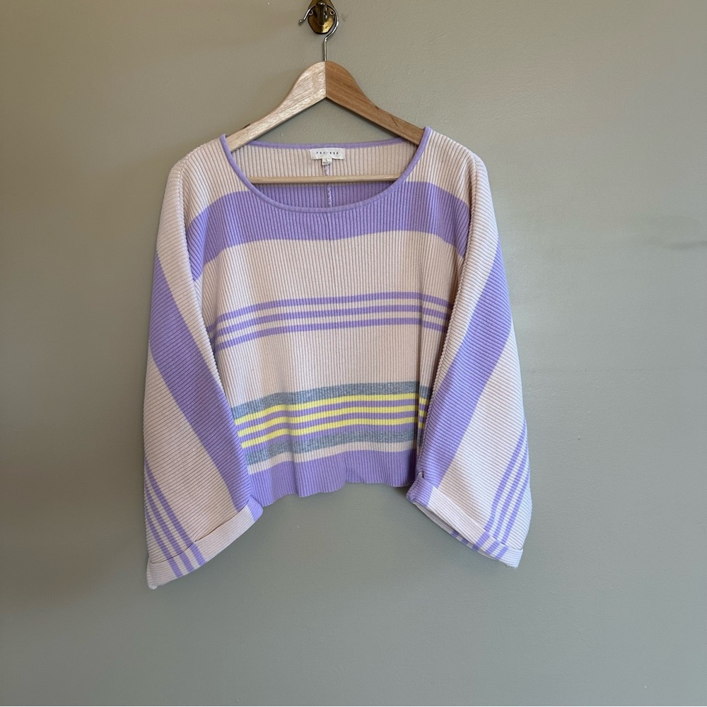 Boxy Cut Striped Lavender and Beige Ribbed Light Weight Sweater- L